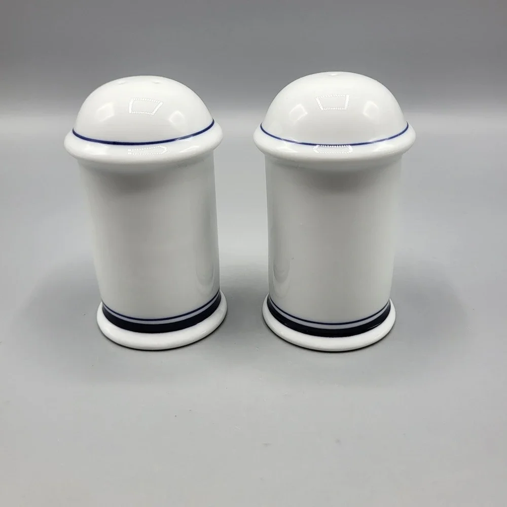 Vintage Dansk Salt and Pepper Shakers Navy Blue Banded White Porcelain Portugal